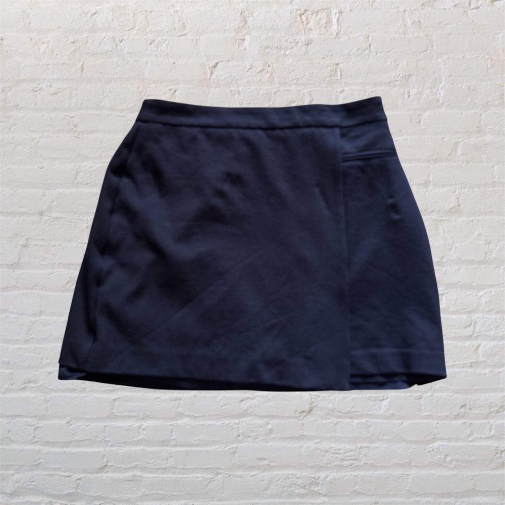 Ann Taylor Loft rich navy faux wrap asymmetrical skirt with faux pocket accent